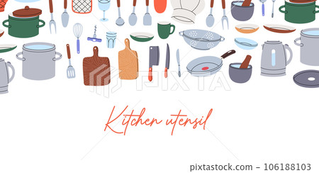 Kitchen utensils horizontal background. Cooking tools and appliances, kitchenware, utensil. Ceramic plates, mug, cup, wineglass, frying pan, colander 106188103
