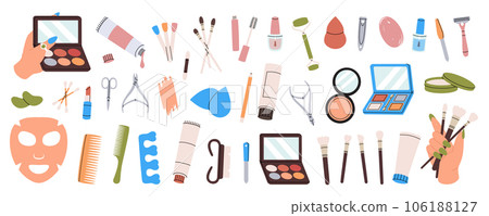 Makeup tools. Makeup and beauty tools. Manicure and pedicure tools, cosmetic cream, brushes, nail polish, sponge, hair comb, massage roller. 106188127