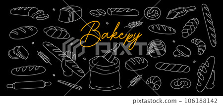 Set of bakery sketch. Breads outline banner. Bakery line horizontal illustration. Whole grain and wheat bread, ciabatta, croissant, french baguette. Set of bakery sketch. Breads outline banner. Bakery line horizontal illustration. Whole grain and wheat bread, ciabatta, croissant, french baguette. 106188142