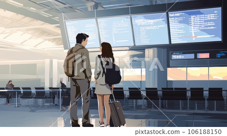 Portrait of elegant happy couple man and woman standing together on the territory of the airport AI 106188150