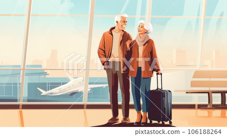 Portrait of elegant old happy couple man and woman standing together on the territory of the airport AI 106188264