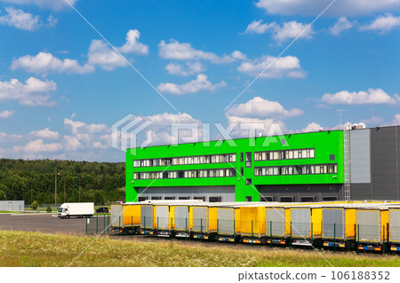 Distribution warehouse with trucks of different capacity. Distribution warehouse with trucks of different capacity. 106188352