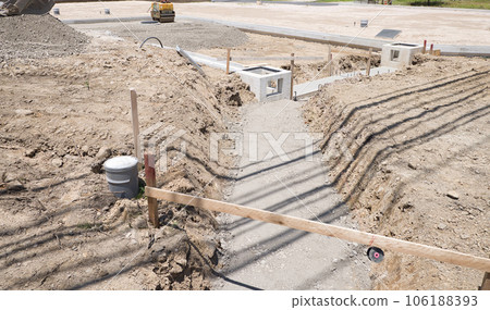 A U-shaped ditch and a drainage pit during construction of a residential development site A U-shaped ditch and a drainage pit during construction of a residential development site 106188393