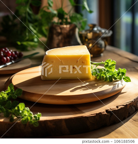 Emmental cheese on a beautiful bamboo plate. High quality photo 106188506