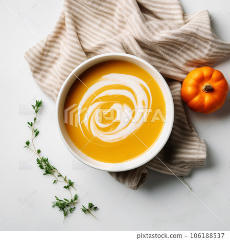 Flat lay out pumpkin soup on a white background with cream . High quality photo Flat lay out pumpkin soup on a white background with cream . High quality photo 106188537