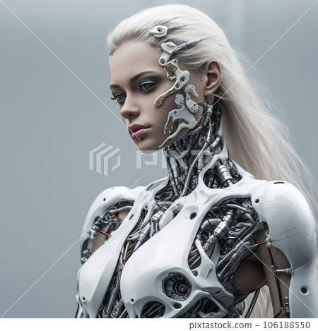 Side view of a humanoid head with a brightly colored neural network representing futuristic technology and artificial intelligence. High quality photo 106188550