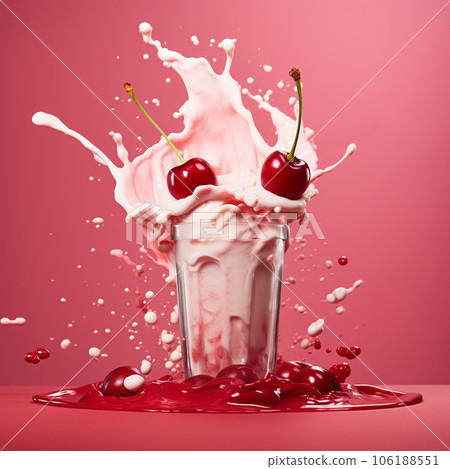 Cherry milkshake in a glass glass with sprinkles and berries on a pink background. High quality photo Cherry milkshake in a glass glass with sprinkles and berries on a pink background. High quality photo 106188551