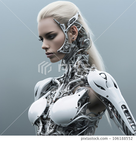 Side view of a humanoid head with a brightly colored neural network representing futuristic technology and artificial intelligence. High quality photo Side view of a humanoid head with a brightly colored neural network representing futuristic technology and artificial intelligence. High quality photo 106188552