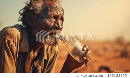 Poor old African man drinking water, the problem of global warming and drought. High quality photo Poor old African man drinking water, the problem of global warming and drought. High quality photo 106188555