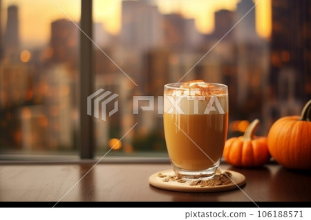 A cup of coffee with fall leaves and pumpkin on the table. AI. High quality photo A cup of coffee with fall leaves and pumpkin on the table. AI. High quality photo 106188571