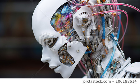 Face of humanoid female robot on gray background and close-up. Generative artificial intelligence. High quality photo 106188614