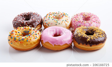 Appetizing donuts with multi-colored sugar icing and a parcel on a white background. High quality photo 106188725