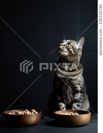 Adorable cat near food bowl on dark background. Pet care. High quality photo 106188786