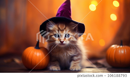 Cute kitten in a witch hat on zalloween. High... - Stock Illustration ...