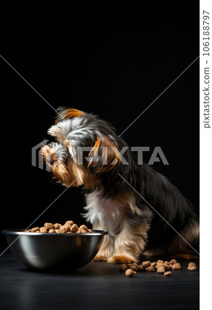 little dog sits and eats food out of a bowl. High quality photo 106188797