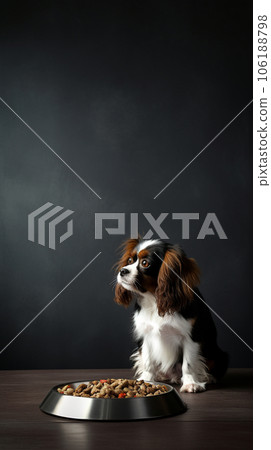 little dog sits and eats food out of a bowl. High quality photo 106188798