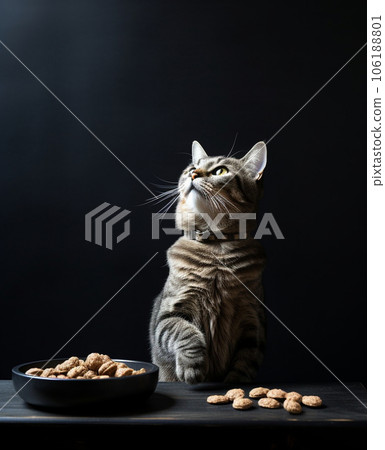Adorable cat near food bowl on dark background. Pet care. High quality photo 106188801