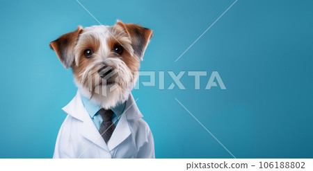 Doctor dog in white medical coat on blue background with space for text. High quality photo 106188802