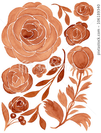 Floral silhouettes in burnt umber color: rose buds, stem and leaves. Isolated watercolor illustration for your design Floral silhouettes in burnt umber color: rose buds, stem and leaves. Isolated watercolor illustration for your design 106189340