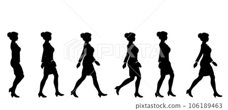 Illustration set of full body sideways silhouette of a business woman walking with a beautiful posture Illustration set of full body sideways silhouette of a business woman walking with a beautiful posture 106189463