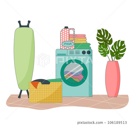 Fragment of the interior of the laundry. Washing machine and ironing board, laundry basket, clothes, laundry supplies, potted plants. Fragment of the interior of the laundry. Washing machine and ironing board, laundry basket, clothes, laundry supplies, potted plants. 106189513