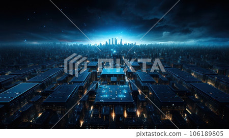 microcircuits as a city landscape in the light of a dark blue sky microcircuits as a city landscape in the light of a dark blue sky 106189805