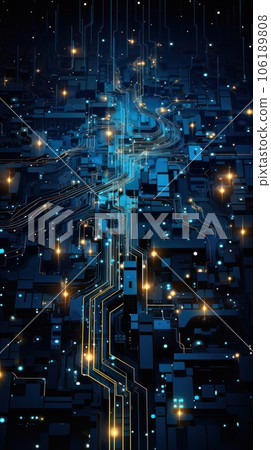microcircuits as a city landscape in the light of a dark blue sky microcircuits as a city landscape in the light of a dark blue sky 106189808