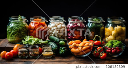 Fresh vegetables and fruits on a wooden table preparing for canning in glass jars Fresh vegetables and fruits on a wooden table preparing for canning in glass jars 106189809
