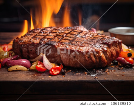 Food photography, t - bone steak cooked on a bbq, surrounded by flames Food photography, t - bone steak cooked on a bbq, surrounded by flames 106189810