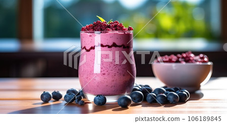 strawberry blueberry yogurt on a wooden kitchen table. strawberry blueberry yogurt on a wooden kitchen table. 106189845