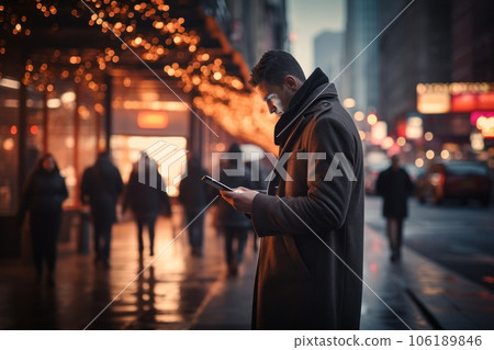 busy man using smartphone on the road, bright urban setting 106189846