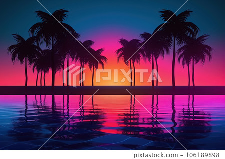 Abstract geometric pool party background center perspective with colorful led neon lines. Summer light music show scene, glowing futuristic shapes on dark background 106189898