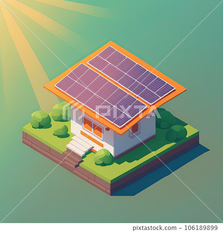 Solar panel on rooftop of private house. Solar powered homes concept. Isometric illustration Solar panel on rooftop of private house. Solar powered homes concept. Isometric illustration 106189899