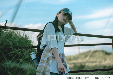 female backpacker traveling female backpacker traveling 106190826