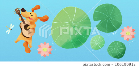 Puppy playing guitar on water pond 106190912