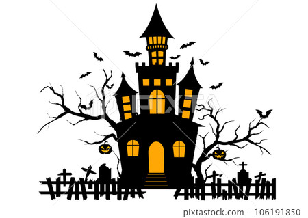 Haunted house halloween with bat, tree, grave, pumpin, elements 106191850
