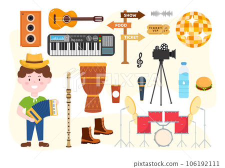 Music Elements Vector Illustration with Various of Note and Musical Instruments Modern in Flat Kids Cartoon Hand Drawn Background Templates 106192111