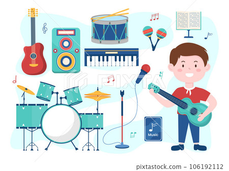 Music Elements Vector Illustration with Various of Note and Musical Instruments Modern in Flat Kids Cartoon Hand Drawn Background Templates 106192112