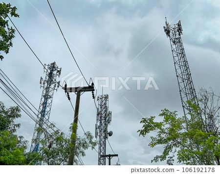 Telecommunication tower with 5G cellular network antenna and in rural. Telecommunication tower with 5G cellular network antenna and in rural. 106192178