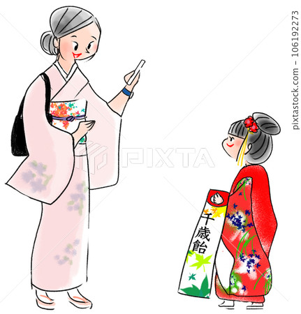 Illustration of a mother taking a commemorative photo of her daughter at Shichigosan 106192273