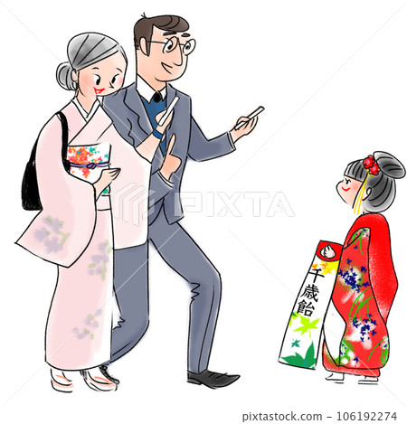 Illustration of parents taking a commemorative photo of their daughter's sunny appearance 106192274