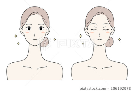 Illustration set of a woman with beautiful hair and skin and a smile and closed eyes 106192978