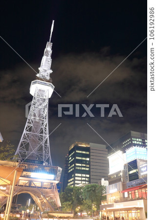 Illuminated TV tower, cityscape and night view 106192986