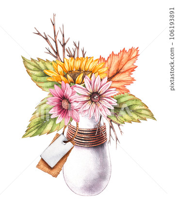 Watercolor autumn composition with autumn flowers in vase isolated on white background 106193891