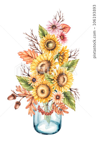 Watercolor autumn composition with autumn sunflower flowers in a glass vase isolated on white background 106193893