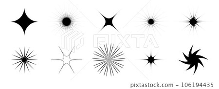 Various blinks and twinkles set. Retro bling stars collection. Abstract black starburst shine effect pack. Design element template for poster, banner, card, icon, label, collage, flyer. Vector bundle 106194435