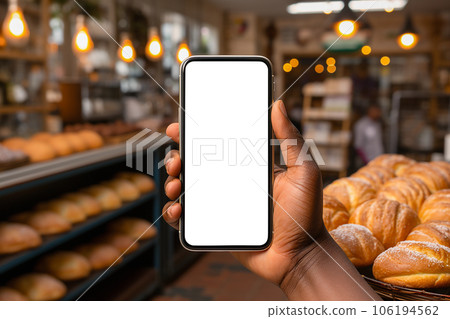 African man hand holding smartphone in bakery shop. smartphone with empty white display mockup. 106194562