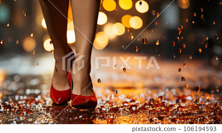 The feet of a woman walking in the rain 106194593