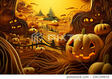 Halloween background in paper cut style. A spooky forest with pumpkin on a scary halloween night. Generative AI. Halloween background in paper cut style. A spooky forest with pumpkin on a scary halloween night. Generative AI. 106194650