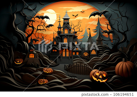 Halloween background in paper cut style. A spooky forest with pumpkin on a scary halloween night. Generative AI. 106194651